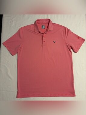 Callaway Opti-Dri Pink and White Striped Mens Golf Polo Shirt, 3 Button Placket